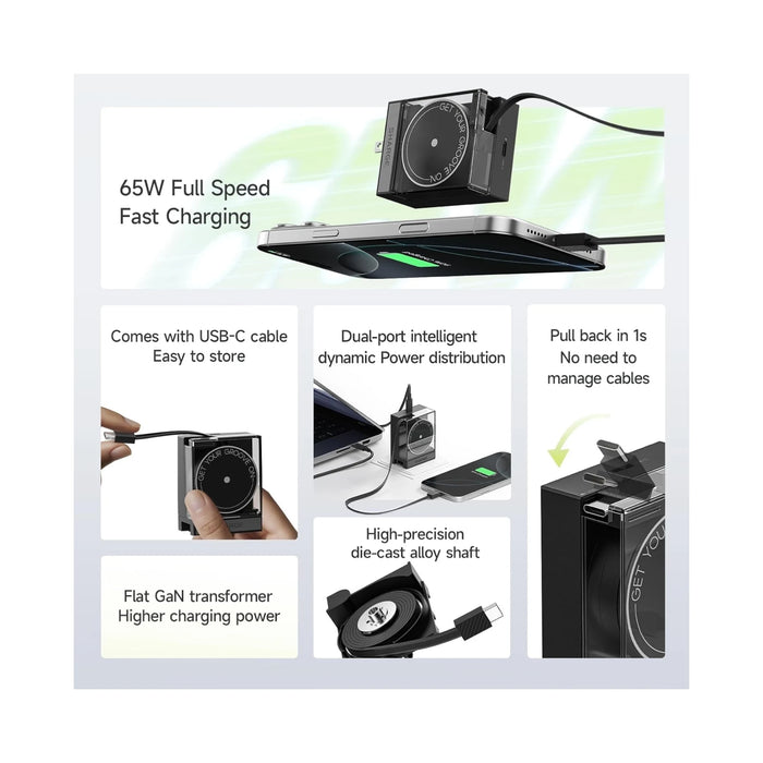 SHARGE Retractable 65W GaN USB-C Charger, includes a wall charger and USB C charging cable, from TaMiMi Projects, Qatar.