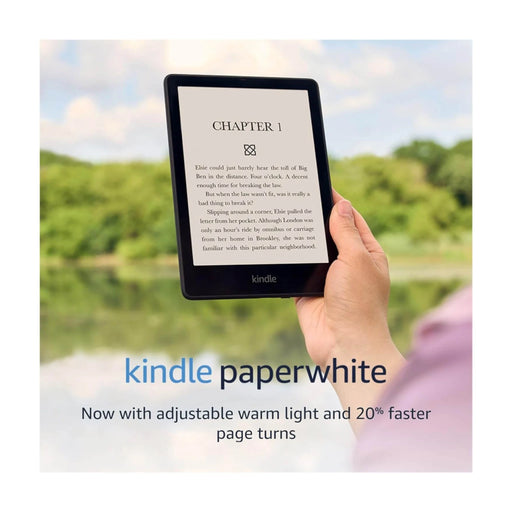 Adjustable Warm Light: Kindle Paperwhite screen displaying the adjustable warm light feature, shifting from white to amber.
