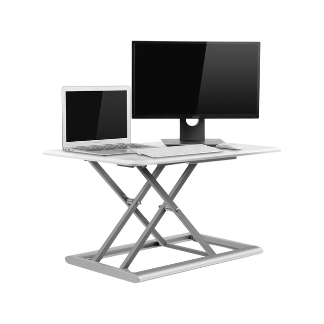Adjustable aluminum standing desk riser, at TaMiMi Projects, Qatar. ergonomic design, height adjustment, ideal for work & study.