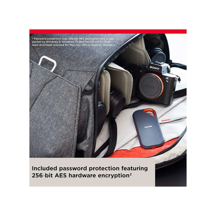 SanDisk Sandisk Extreme Pro portable SSD 2TB, 256-bit AES hardware encryption for security. at TaMiMi Projects in Qatar.