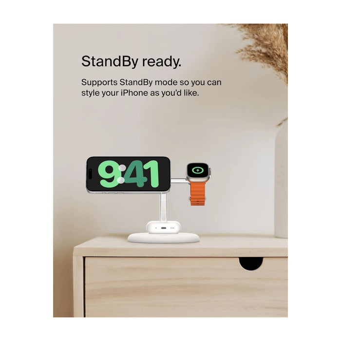 Belkin 3-in-1 Wireless Charging Stand with MagSafe & Qi2, fast charging for AirPods & Apple Watch, at TaMiMi Projects in Qatar.