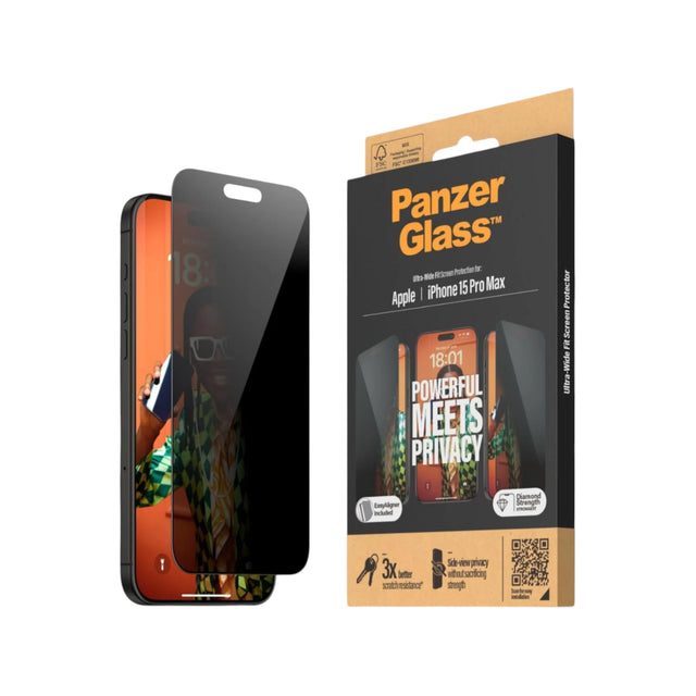 PanzerGlass™ Screen Protector for iPhone 15 Pro Max - Privacy, Available now from TaMiMi Projects in Qatar.