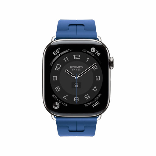 Apple Watch Hermès S10, 46mm silver titanium, Bleu de France Kilim band, offering luxury, in Qatar from TaMiMi Projects.