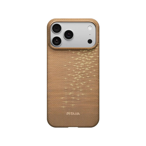 Pitaka iPhone 17 Pro Case in Golden Glint, Woven from ultra-strong aramid fiber, Available now from TaMiMi Projects in Qatar.