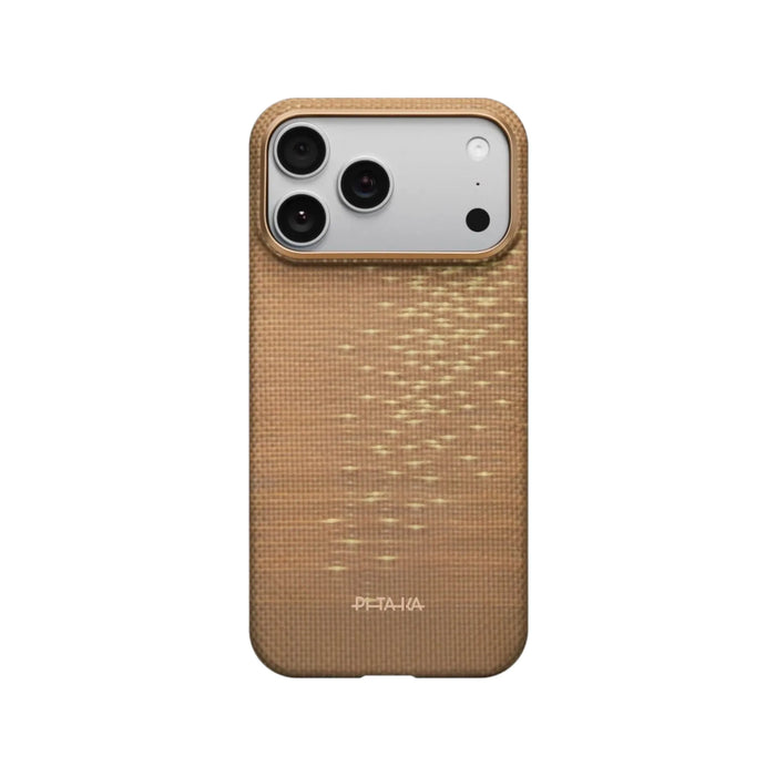 Pitaka iPhone 17 Pro Case in Golden Glint, Woven from ultra-strong aramid fiber, Available now from TaMiMi Projects in Qatar.