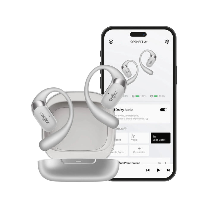 SHOKZ OpenFit 2+ in Grey, 4 beamforming microphones with AI noise cancellation for crystal-clear calls, at TaMiMi Projects in Qatar.