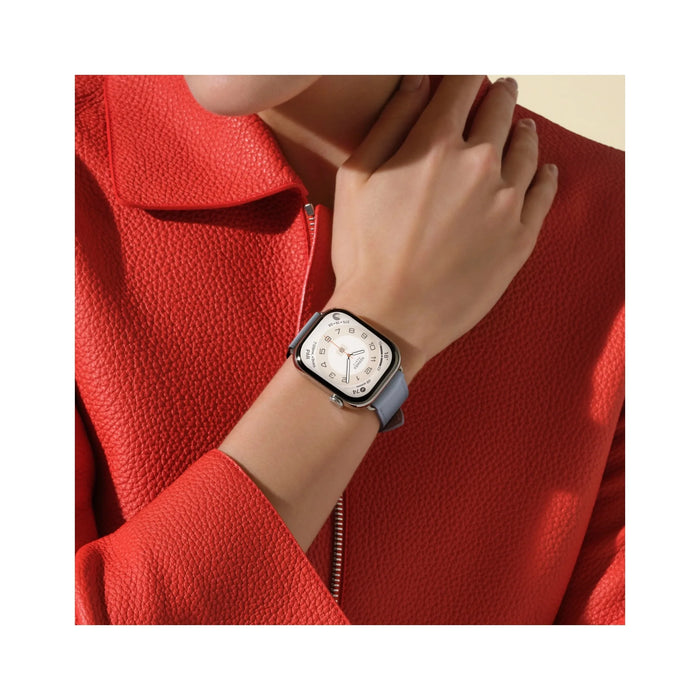 Apple Watch Hermès Series 11, 42mm Silver Titanium with Bleu Glacier Single Tour, Available from TaMiMi Projects in Qatar.