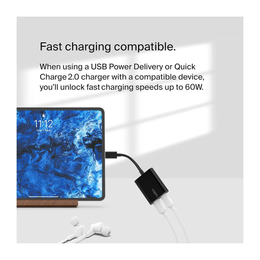 Belkin USB-C Audio + Charge Adapter, Supports up to 60W Power Delivery fast charging. TaMiMi Projects Qatar.