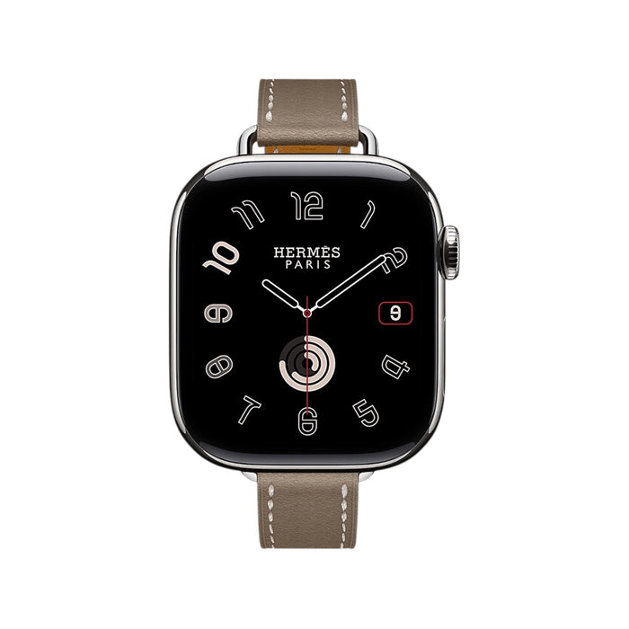 Apple Watch Hermès Series 11, 42mm Silver Titanium with Attelage Etoupe Single Tour, at TaMiMi Projects in Qatar.