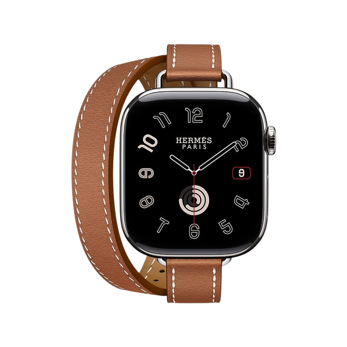 Apple Watch Hermès Series 11, 42mm Silver Titanium with Attelage Gold Double Tour, Available now from TaMiMi Projects in Qatar.