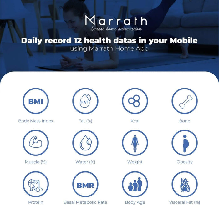 Smart WiFi body fat scale measuring 12 health metrics with Marrath app sync - Available at TaMiMi Projects in Qatar.