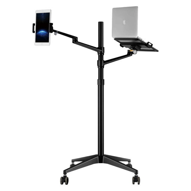 Multi-use floor stand with adjustable arms for laptops, tablets, phones, 360° rotation, mobile wheels - TaMiMi Projects in Qatar.