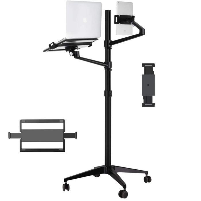 Multi-use floor stand with adjustable arms for laptops, tablets, phones, 360° rotation, mobile wheels - TaMiMi Projects in Qatar.