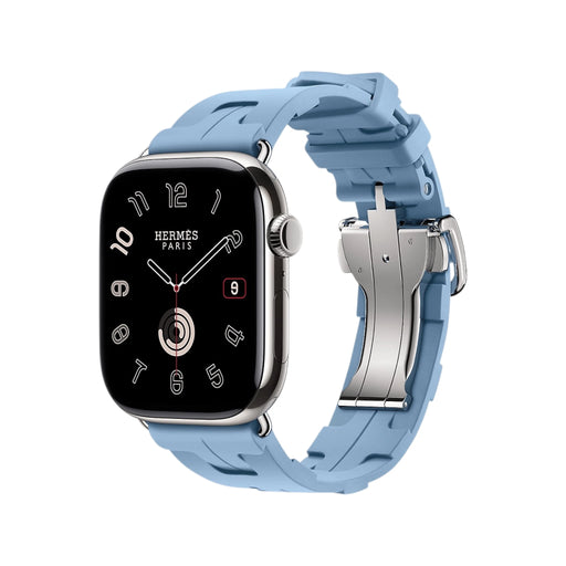 Apple Watch Hermès Series 11, 46mm Silver Titanium with Bleu Pastel Kilim Single Tour, at TaMiMi Projects in Qatar.
