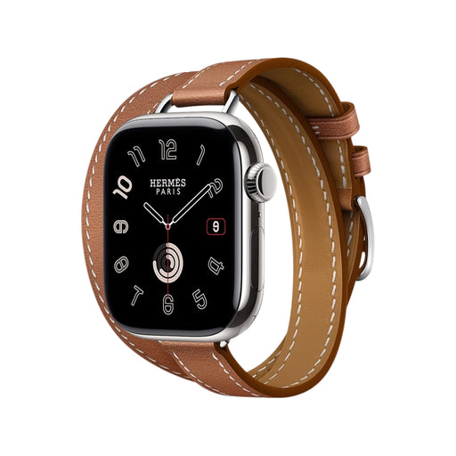 Apple Watch Hermès Series 11, 42mm Silver Titanium with Attelage Gold Double Tour, Available now from TaMiMi Projects in Qatar.