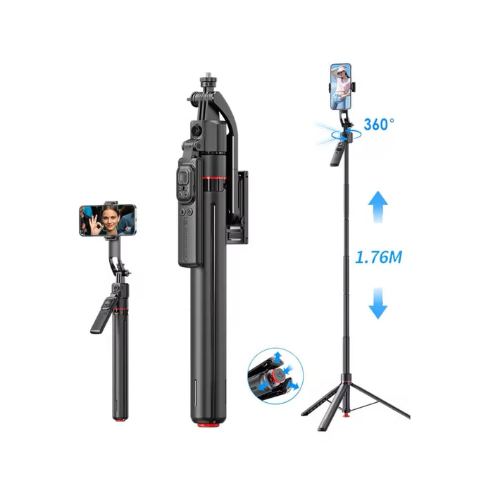 Tracking Gimbal Selfie Stick Tripod, Detachable remote control and phone clip, Available now from TaMiMi Projects in Qatar.