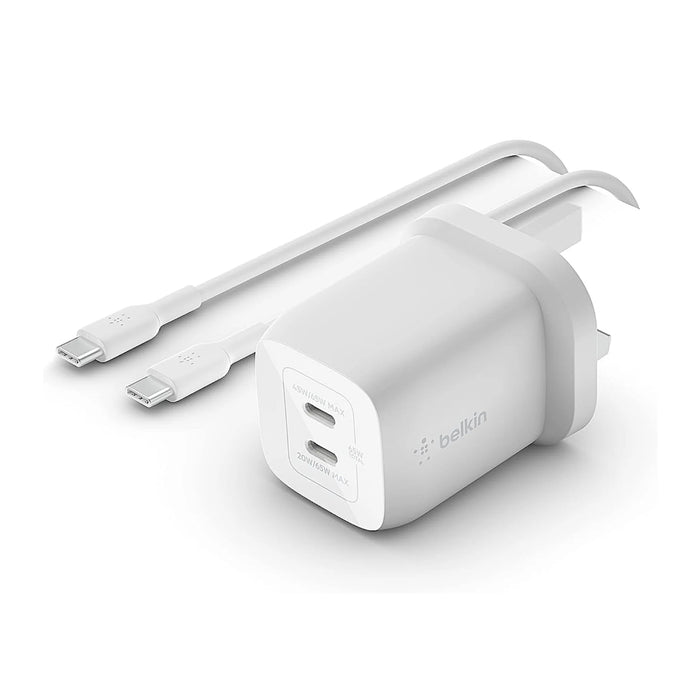 Belkin 65W Dual USB-C GaN Charger with Cable, Dual USB-C charger with up to 65W output, TaMiMi Projects Qatar.