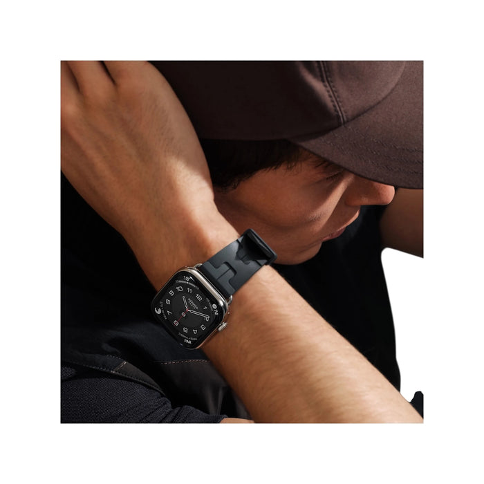 Apple Watch Hermès Series 11, 46mm Silver Titanium with Noir Kilim Single Tour, Available now from TaMiMi Projects in Qatar.