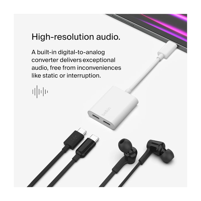 Belkin USB-C Audio + Charge Adapter, Built-in DAC for high-quality, clear audio. TaMiMi Projects Qatar.
