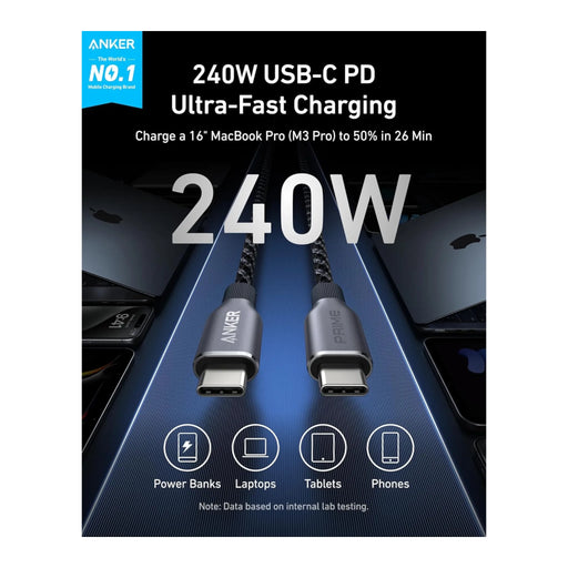 Anker Prime USB-C Cable 240W Fast Charging - 3ft, Operates reliably in extreme temperatures. TaMiMi Projects Qatar.