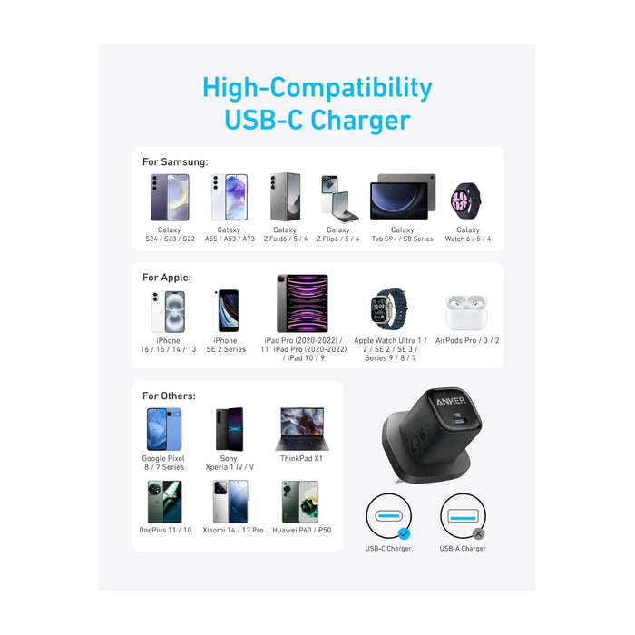 Anker Charger 25W with USB-C Cable in Black, with PPS fast charging support. Available now from TaMiMi Projects in Qatar.