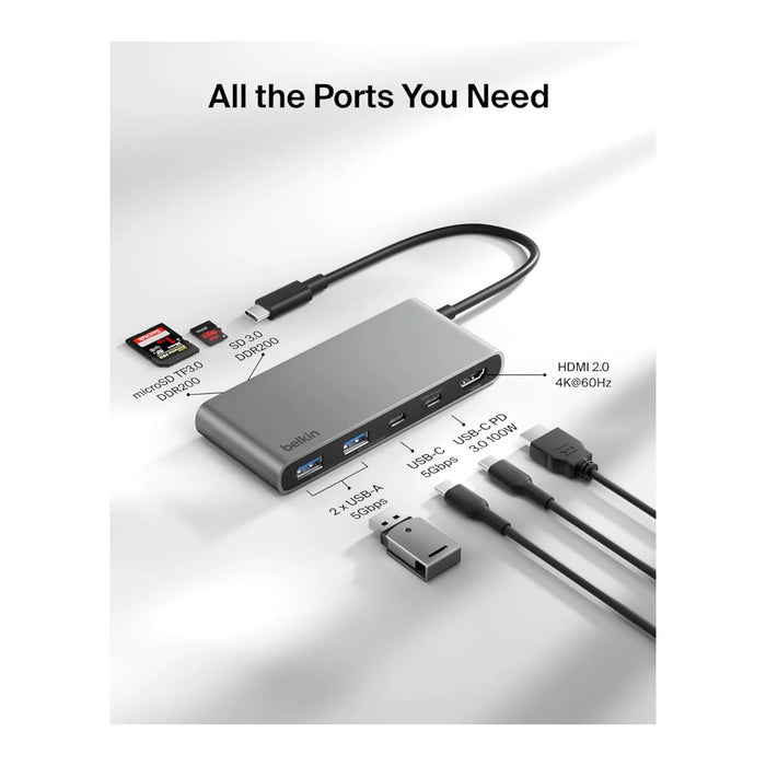 Belkin 7-in-1 USB-C Hub - 4K HDMI, 100W, Fast data transfer speeds up to 5Gbps. TaMiMi Projects Qatar.