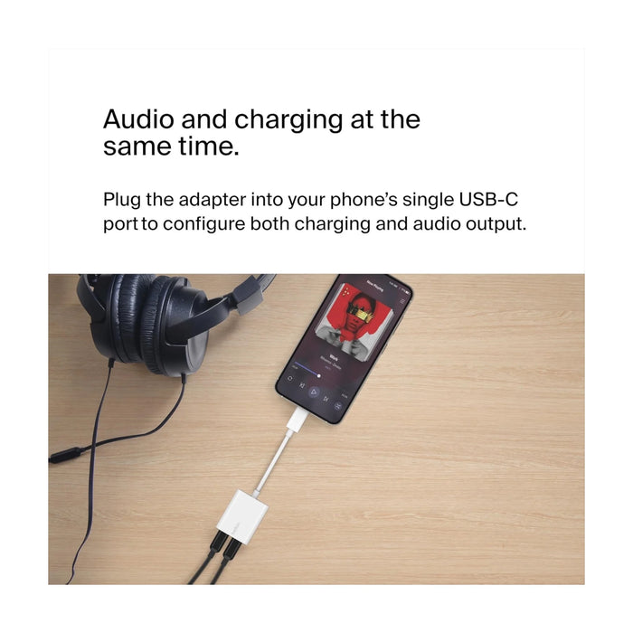 Belkin USB-C Audio + Charge Adapter, Compatible with iPhone, iPad, and Android devices. TaMiMi Projects Qatar.