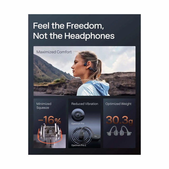 SHOKZ OpenRun Pro 2 bone conduction headphones, sweat-resistant, 12-hour battery, clear calls, deep bass. At TaMiMi Projects Qatar.