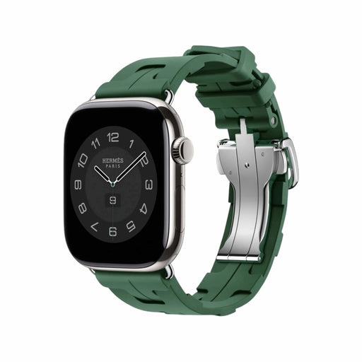‫سوار رياضي Hermès من تميمي بروجكتس قطر مصنوع من مطاط مقاوم للماء بتصميم H وإبزيم يناسب Apple Watch 44/45/46/49 ملم.‬