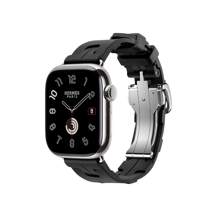 Apple Watch Hermès Series 11, 42mm Silver Titanium with Noir Kilim Single Tour. TaMiMi Projects Qatar.