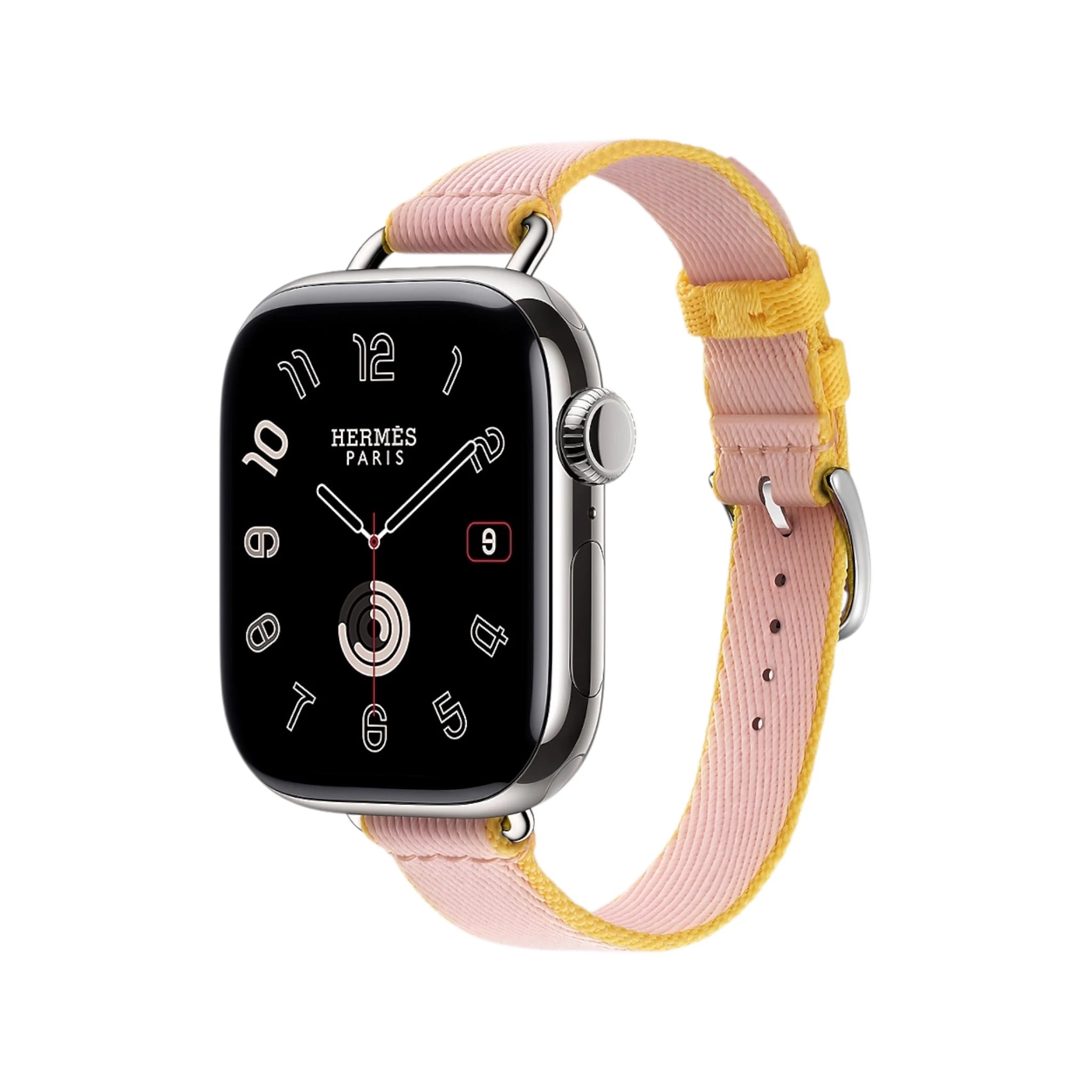 Apple Watch Hermès Series 11, 42mm Silver Titanium with Attelage Rose Sakura / Jaune De Naples