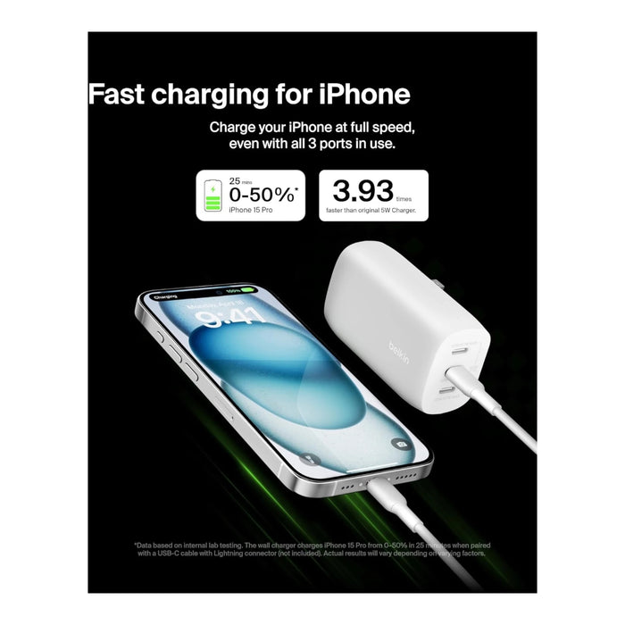 Belkin 67W Wall Charger Pd (3 USB-C), charges iPhone 16 from 0-50% in 24 minutes, Available at TaMiMi Projects in Qatar.