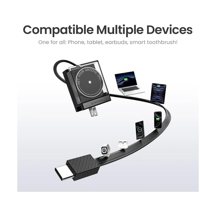 ‫احصل على شاحن SHARGE GaN بقوة ٦٥ واط من تميمي بروجكتس في قطر. تصميم شفاف، سلك USB-C قابل للسحب، وتقنية GaN للشحن السريع. 
