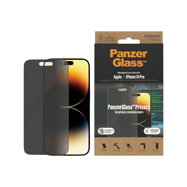 PanzerGlass™ for iPhone 14 Pro / iPhone 15 - Privacy, Antibactrial, Privacy, Available from TaMiMi Projects in Qatar.