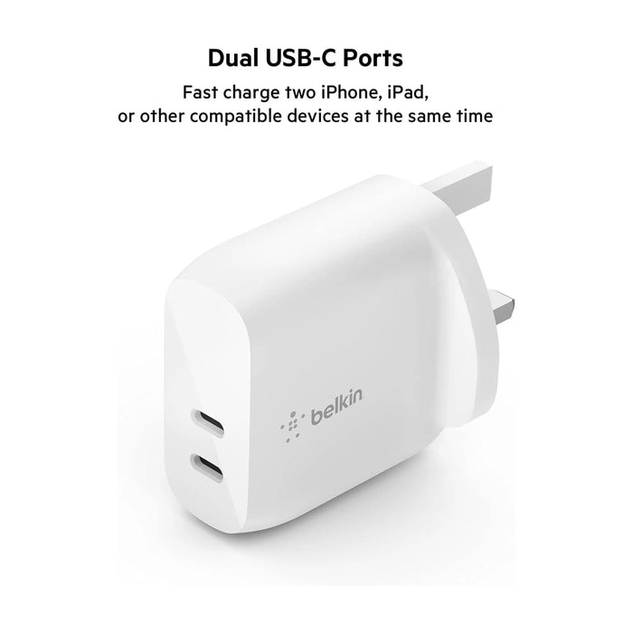 Belkin Dual USB-C Wall Charger 40W, Supports Power Delivery (PD) for efficient charging, TaMiMi Projects Qatar.