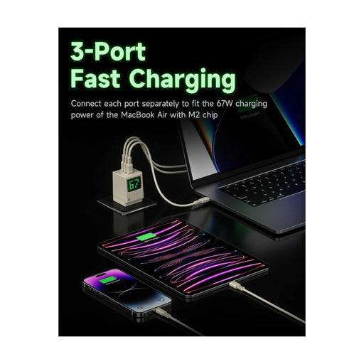 ‫احصل على شاحن SHARGE بقوة ٦٧ واط من تميمي بروجكتس. شحن سريع GaN، تصميم Retro كلاسيكي، شاشة عرض رقمية، ٣ مخارج USB-C. 
