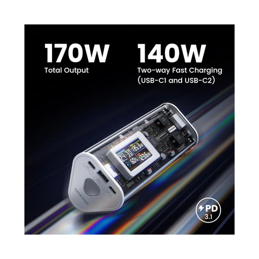 ‫احصل على شاحن SHARGE من تميمي بروجكتس في قطر. بطارية 24000mAh، شحن فائق 170W، شاشة ذكية وتصميم شفاف. 