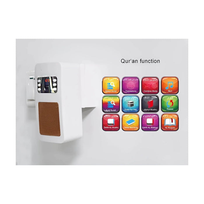 Smart Wall Plug Quran Speaker with remote control, Bluetooth, radio, USB, SD card, HD audio, night light. at TaMiMi Projects.