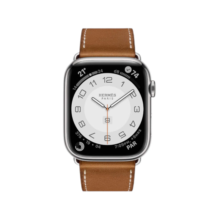 Hermès Apple Watch Band 45mm Fauve Barénia, Series 10 & Ultra 49mm compatible, deployment buckle. TaMiMi Projects, Qatar.