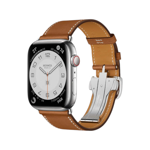 Hermès Apple Watch Band 45mm Fauve Barénia, Series 10 & Ultra 49mm compatible, deployment buckle. TaMiMi Projects, Qatar.