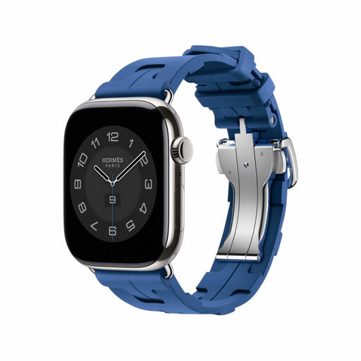 ‫سوار رياضي Hermès من تميمي بروجكتس قطر مصنوع من مطاط مقاوم للماء بتصميم H وإبزيم يناسب Apple Watch 44/45/46/49 ملم.‬