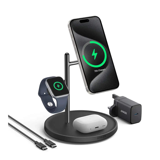 15W 3-in-1 Wireless Charging Stand, efficient charger for phone, earbuds, and watch, available at TaMiMi Projects in Qatar.

