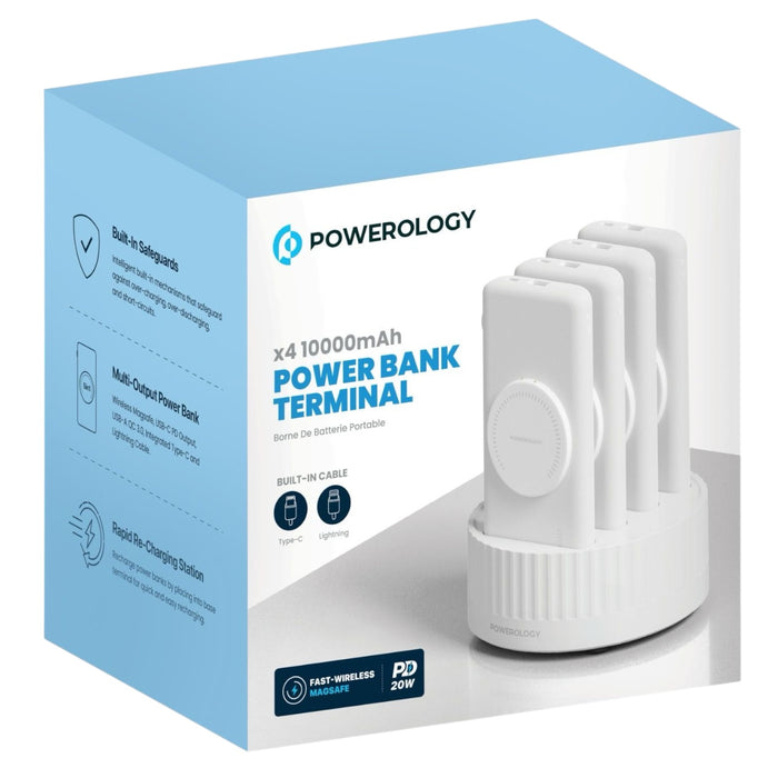 Powerology 4 in 1 Powerbank Terminal 10000 mAh, Built-In Cable - MagSafe - White