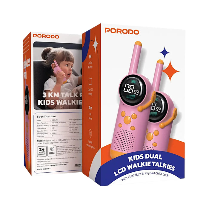Porodo Kids Dual LCD Walkie Talkies, Up to 3KM communication range. TaMiMi Projects Qatar.