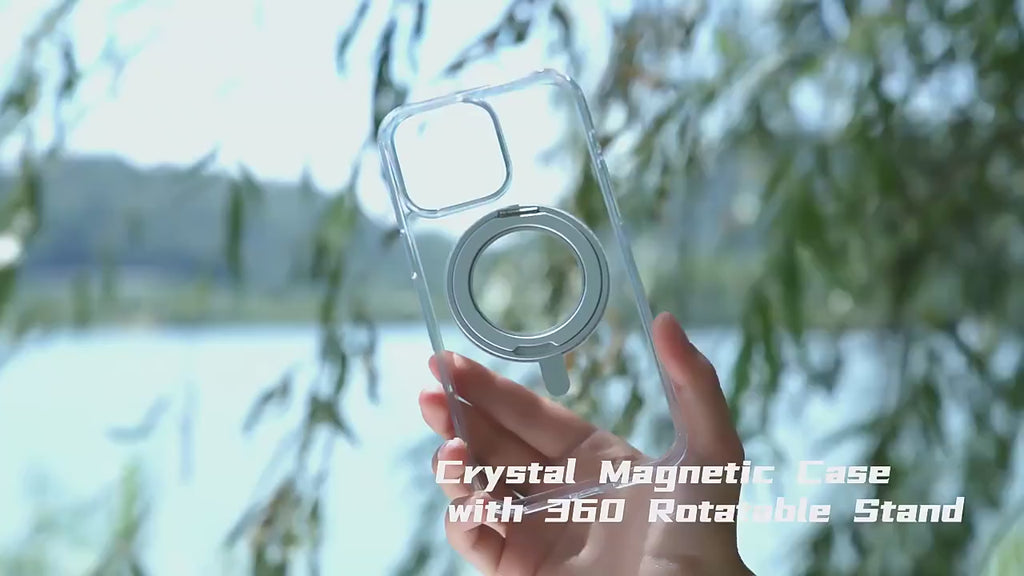 Blueo Crystal Magnetic Case for iPhone 16 series with 360° stand, metal buttons, and drop protection from TaMiMi Projects, Qatar.