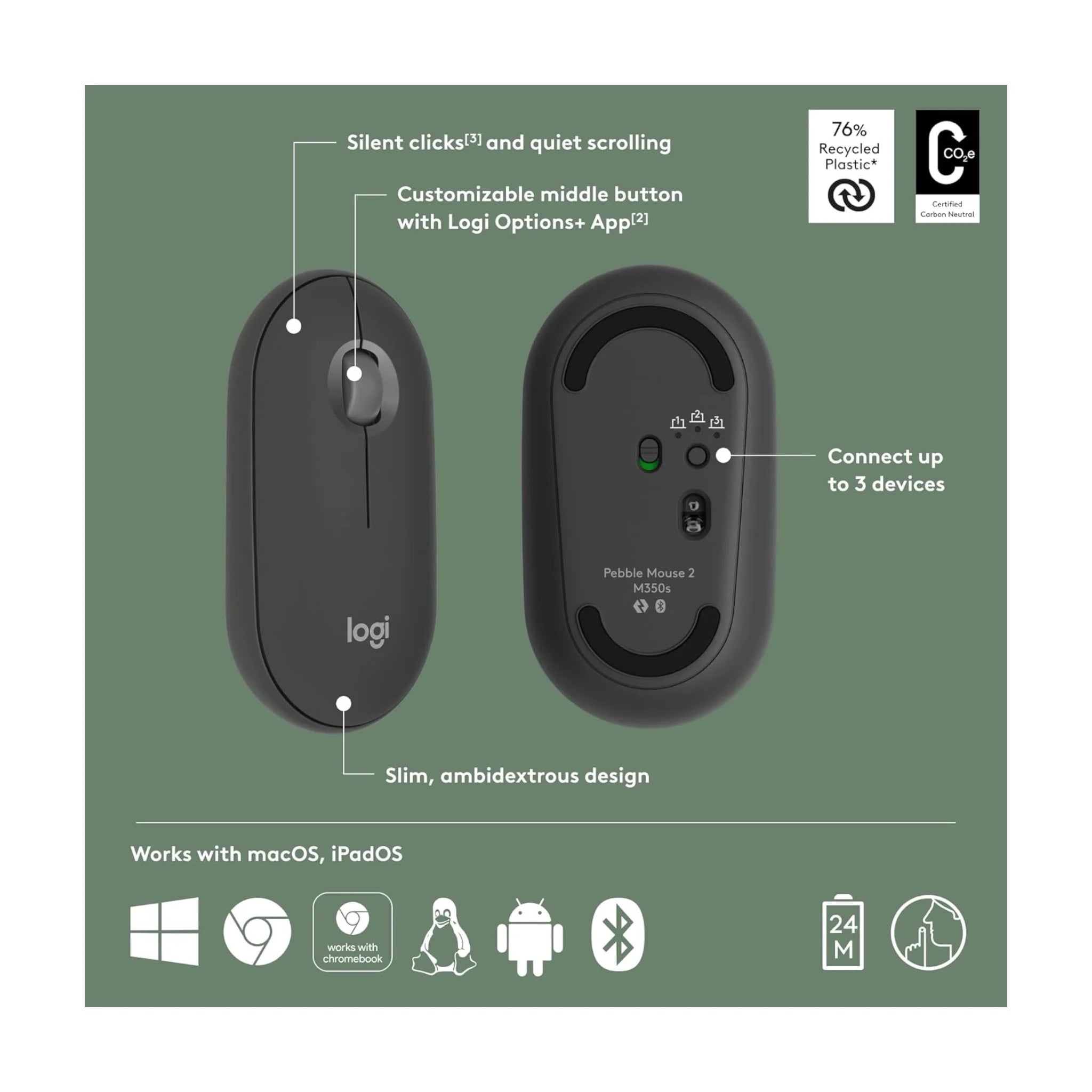 Logitech Pebble 2 M350s Wireless Mouse - Black Logitech Pebble 2 M350s Wireless Mouse - Black