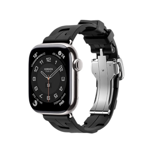Sporty Hermès band from TaMiMi Projects Qatar. Soft, waterproof rubber with H motif and buckle. Fits Apple Watch 38/40/41/42 mm.