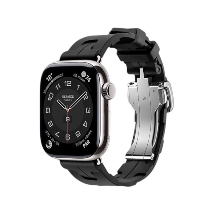 Sporty Hermès band from TaMiMi Projects Qatar. Soft, waterproof rubber with H motif and buckle. Fits Apple Watch 38/40/41/42 mm.