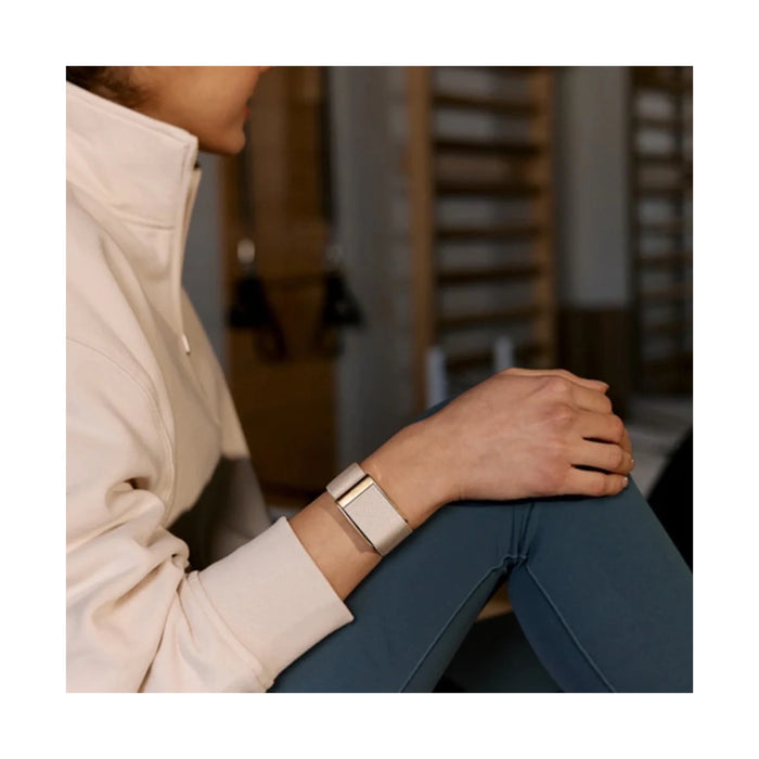 Whoop 5 SuperKnit Luxe Band Dune premium knit strap with gold clasp from TaMiMi Projects in Qatar.