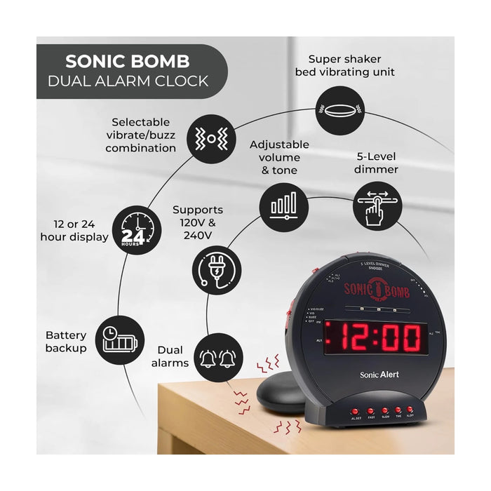 Sonic Bomb alarm clock with super shaker, loud sound, and vibration, perfect for heavy sleepers from TaMiMi Projects in Qatar.